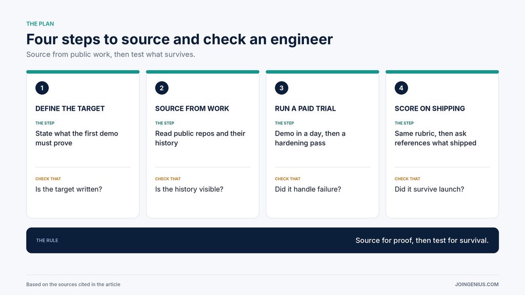 Four-step plan to source and check a founding engineer, define the target, source from public work, run a paid trial and score on shipping, with what to check at each step