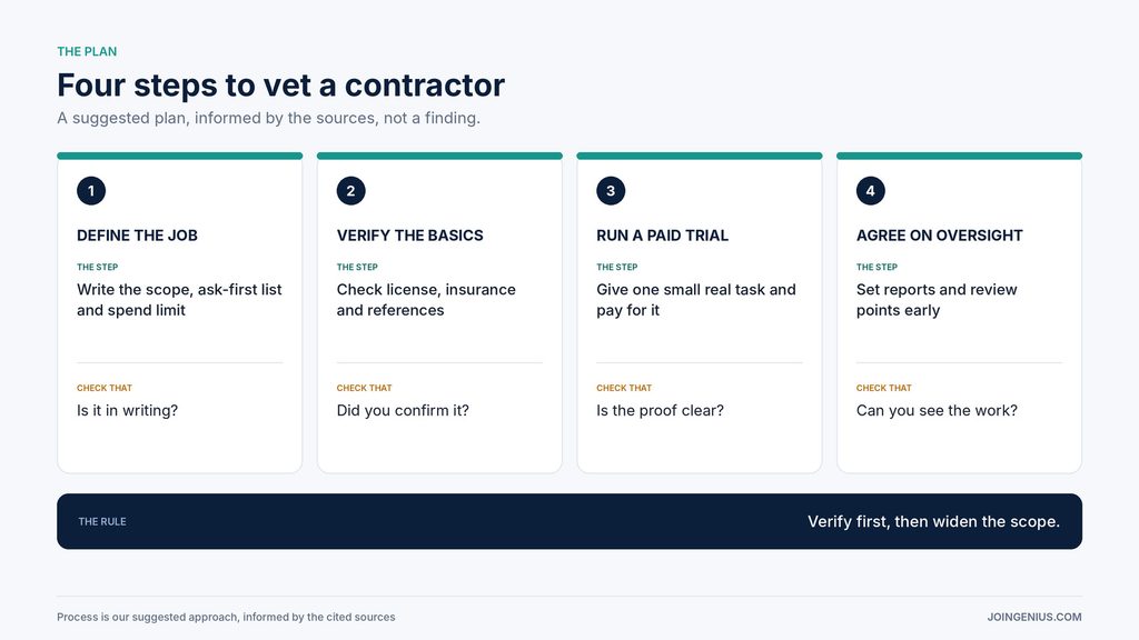 Four-step plan to vet a remote property contractor, define the job, verify the basics, run a paid trial and agree on oversight, with what to check at each step