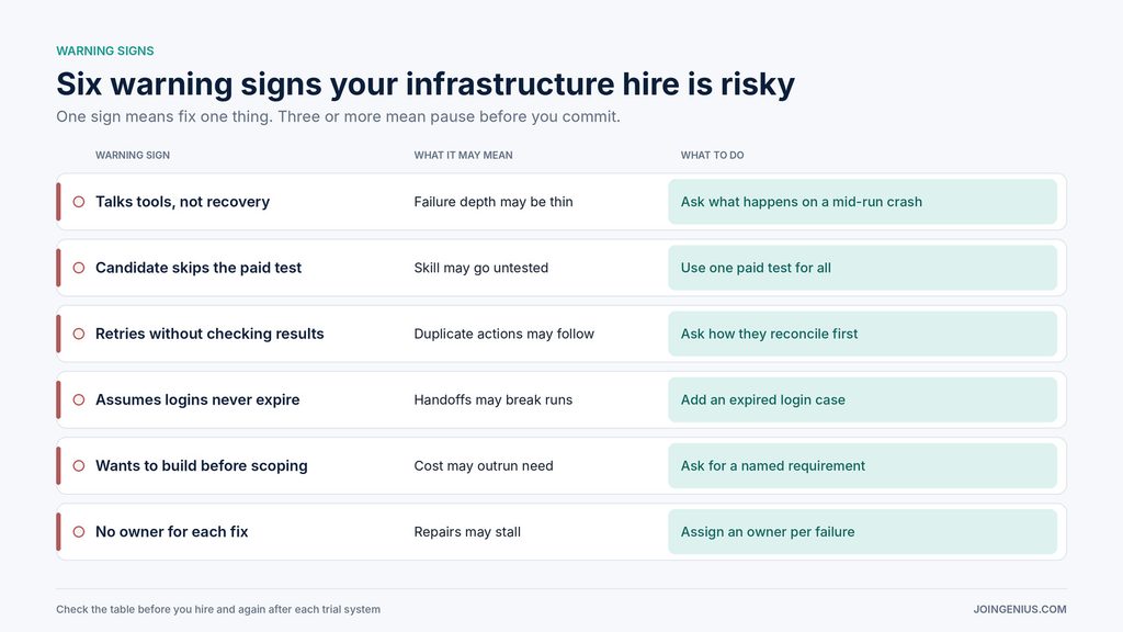 Table of six warning signs your AI agent infrastructure hire is risky, what each may mean and what to do about it