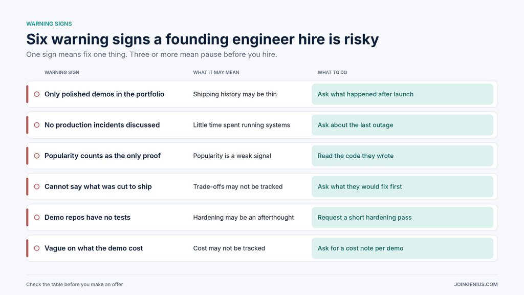 Table of six warning signs a founding engineer hire is risky, what each may mean and what to do about it