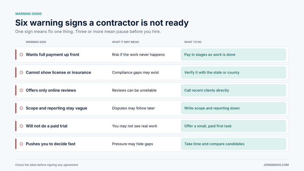 Table of six warning signs a remote property contractor is not ready, what each may mean and what to do about it