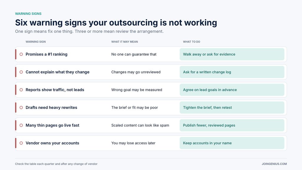 Table of six warning signs that outsourced SEO and content is not working, what each may mean and what to do about it