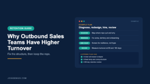 Genius retention guide cover titled Why Outbound Sales Teams Have Higher Turnover, with an example diagnose, redesign, hire and review plan