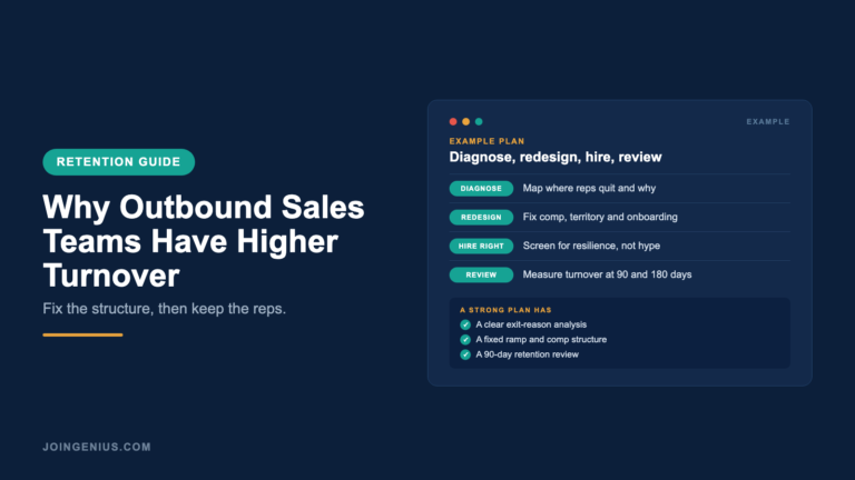 Genius retention guide cover titled Why Outbound Sales Teams Have Higher Turnover, with an example diagnose, redesign, hire and review plan
