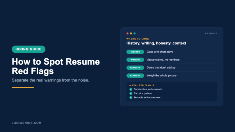 Genius hiring guide cover titled How to Spot Resume Red Flags, with an example of where to look: history, writing, honesty and context