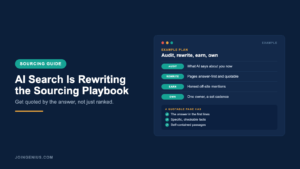 Genius sourcing guide cover titled AI Search Is Rewriting the Sourcing Playbook, with an example audit, rewrite, earn and own plan