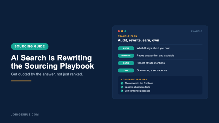 Genius sourcing guide cover titled AI Search Is Rewriting the Sourcing Playbook, with an example audit, rewrite, earn and own plan