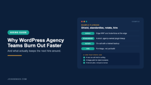 Genius hiring guide cover titled Why WordPress Agency Teams Burn Out Faster, with an example shield, standardize, rotate and hire playbook