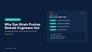 Genius retention guide cover titled Why Eye Strain Pushes Remote Engineers Out, with an example fund, tune, break and track plan