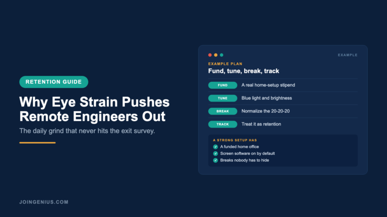 Genius retention guide cover titled Why Eye Strain Pushes Remote Engineers Out, with an example fund, tune, break and track plan