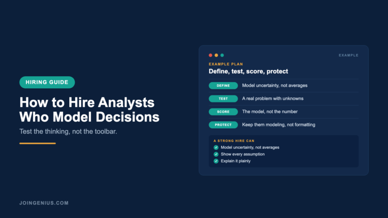 Genius hiring guide cover titled How to Hire Analysts Who Model Decisions, with an example define, test, score and protect plan