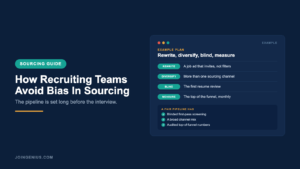 Genius sourcing guide cover titled How Recruiting Teams Avoid Bias In Sourcing, with an example rewrite, diversify, blind and measure plan