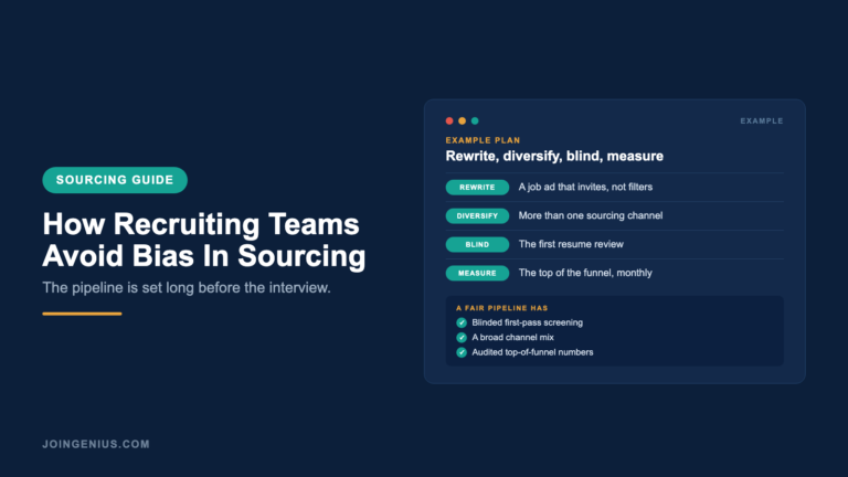 Genius sourcing guide cover titled How Recruiting Teams Avoid Bias In Sourcing, with an example rewrite, diversify, blind and measure plan