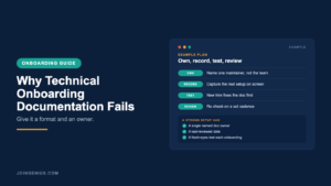 Genius onboarding guide cover titled Why Technical Onboarding Documentation Fails, with an example own, record, test and review plan