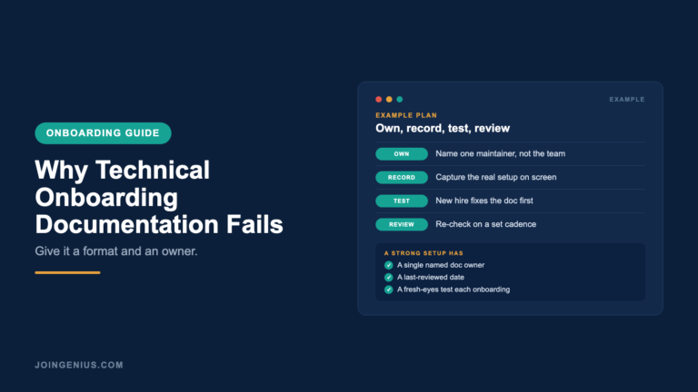 Genius onboarding guide cover titled Why Technical Onboarding Documentation Fails, with an example own, record, test and review plan