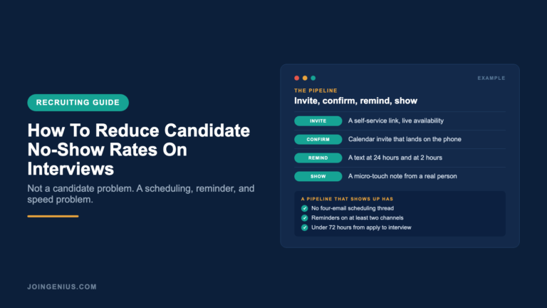 Genius hiring guide cover titled How To Reduce Candidate No-Show Rates On Interviews, with an invite, confirm, remind and show pipeline