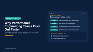 Genius retention guide cover titled Why Performance Engineering Teams Burn Out Faster, with an example share, screen, rotate and review playbook