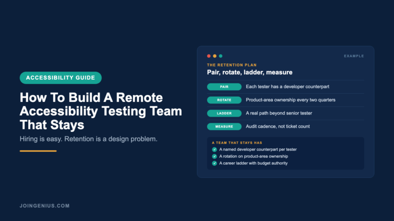Genius accessibility guide cover titled How To Build A Remote Accessibility Testing Team That Stays, with a four-move retention plan: pair, rotate, ladder, and measure