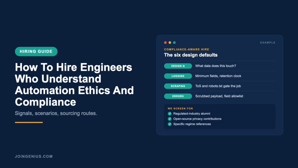 Genius hiring guide cover on hiring engineers who understand automation ethics and compliance