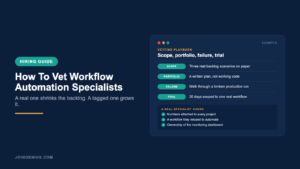 Genius hiring guide cover titled How To Vet Workflow Automation Specialists, with a four-stage vetting playbook: scope the scenarios, score the plan, probe for production failures, and run a 30-day trial
