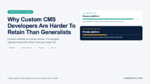 Genius guide cover titled Why Custom CMS Developers Are Harder To Retain Than Generalists, with side-by-side meters comparing a resume-legible generalist on a known platform against a resume-trapped engineer on a private platform