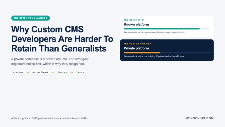 Genius guide cover titled Why Custom CMS Developers Are Harder To Retain Than Generalists, with side-by-side meters comparing a resume-legible generalist on a known platform against a resume-trapped engineer on a private platform