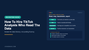 Genius recruiting guide cover on how to hire TikTok analysts who read the data, with an example of what a real analyst does
