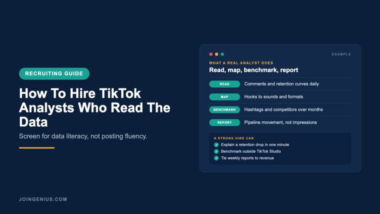 Genius recruiting guide cover on how to hire TikTok analysts who read the data, with an example of what a real analyst does