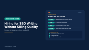 Genius content hiring guide cover titled How Content Teams Hire for SEO Writing Without Killing Quality, with an example screen, test, edit and bench hiring framework