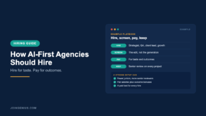 Genius hiring guide cover titled How AI-First Agencies Should Hire, with an example hire, screen, pay and keep playbook