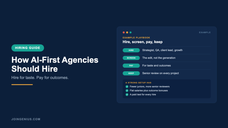 Genius hiring guide cover titled How AI-First Agencies Should Hire, with an example hire, screen, pay and keep playbook