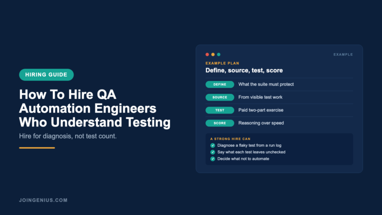 Genius hiring guide cover titled How To Hire QA Automation Engineers Who Understand Testing, with an example define, source, test and score plan