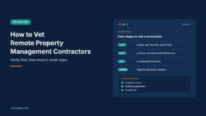 Navy graphic titled How to Vet Remote Property Management Contractors, with a panel showing an example four-step plan covering define, verify, trial and oversee, plus a short list of what a strong plan has
