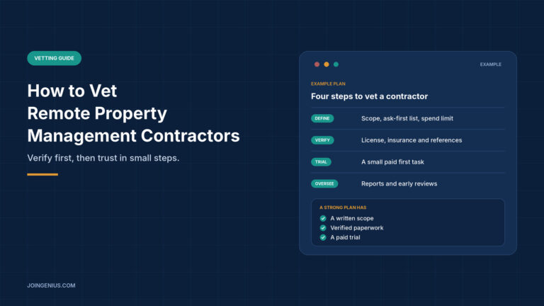 Navy graphic titled How to Vet Remote Property Management Contractors, with a panel showing an example four-step plan covering define, verify, trial and oversee, plus a short list of what a strong plan has
