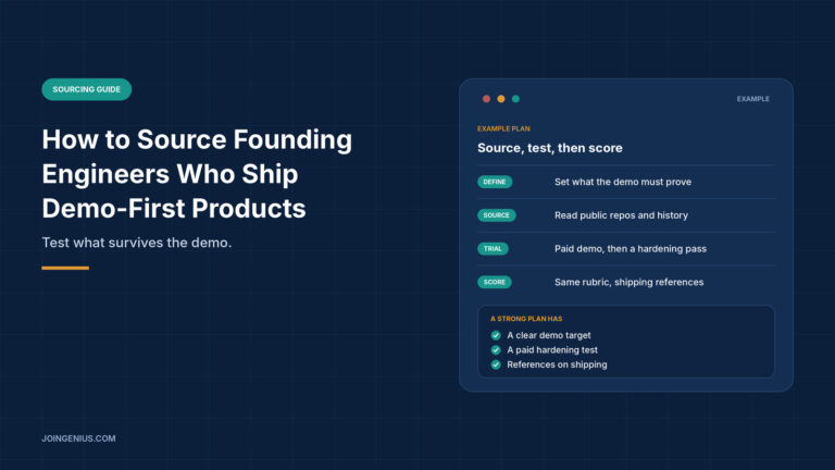 Navy graphic titled How to Source Founding Engineers Who Ship Demo-First Products, with a panel showing an example four-step plan covering define, source, test and score, plus a short list of what a strong plan has