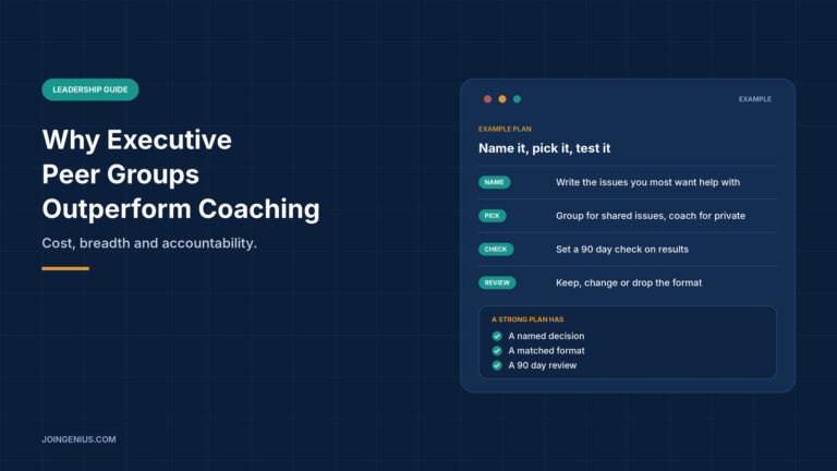 Navy graphic titled Why Executive Peer Groups Outperform Coaching, with a panel showing an example four-step plan covering name, pick, check and review, plus a short list of what a strong plan has