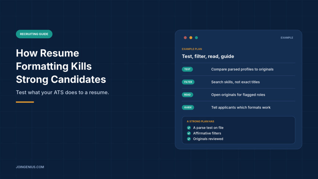 Navy graphic titled How Resume Formatting Kills Strong Candidates, with a panel showing an example four-step plan covering test, filter, read and guide, plus a short list of what a strong screening process has