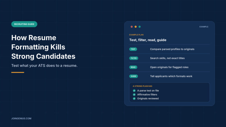 Navy graphic titled How Resume Formatting Kills Strong Candidates, with a panel showing an example four-step plan covering test, filter, read and guide, plus a short list of what a strong screening process has